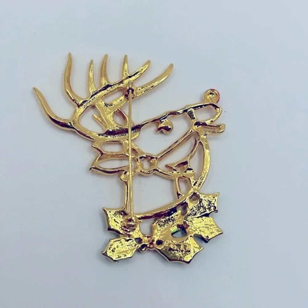 Vintage JJ Signed Large Reindeer Head Christmas Brooch